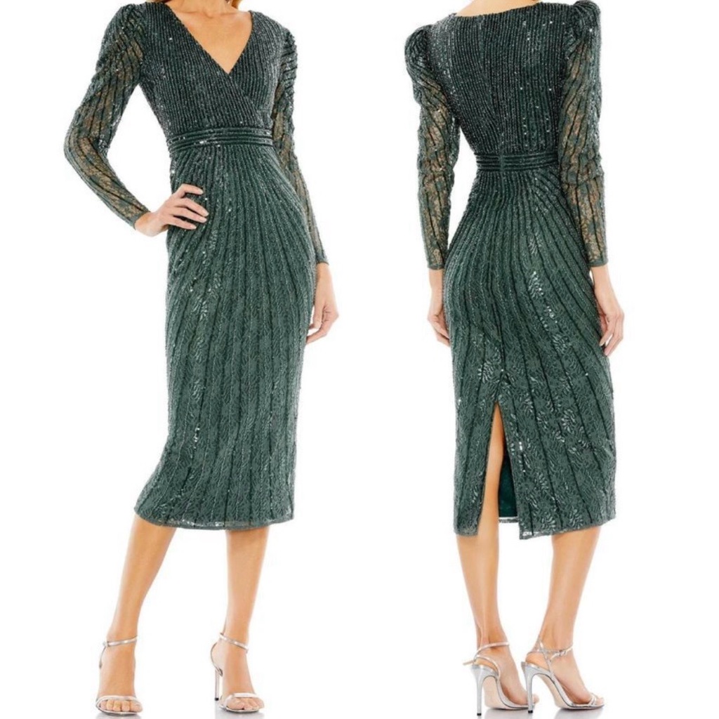 Mac Duggal Emerald Green Sequin Long Sleeve Midi Dress